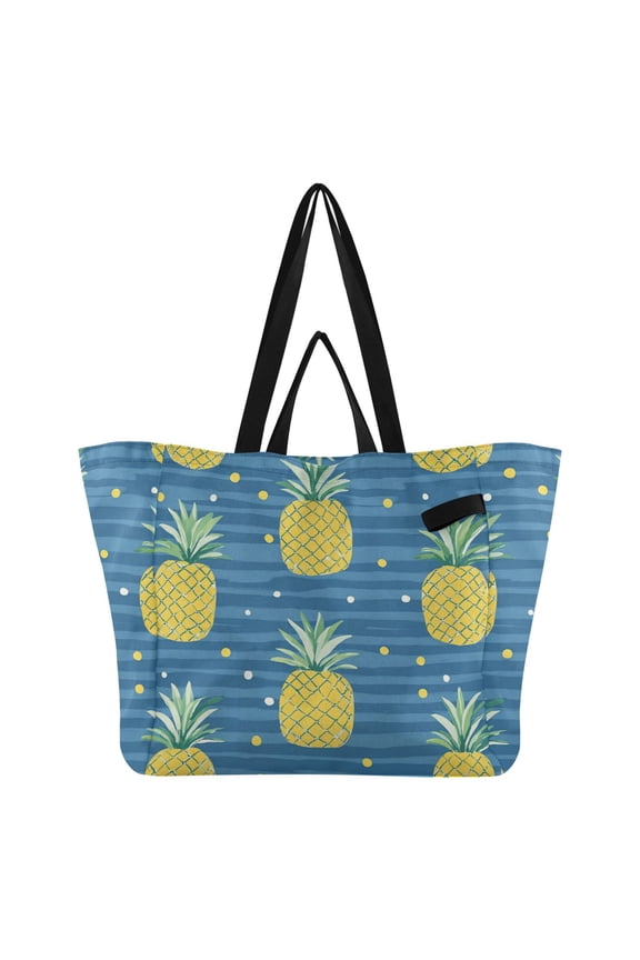 Cartoon Pineapple Polka Dots Stripes Foldable Canvas Tote Bags Reusable Grocery Bags Laundry Bags Beach Bag 32L
