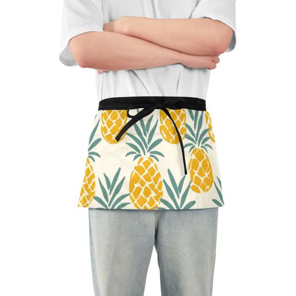 Cartoon Pineapples Short Server Apron with 3 Pockets for Unisex Chef Gardening