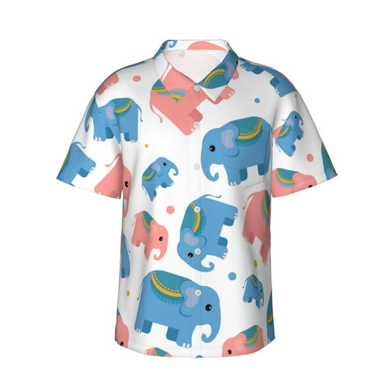 Cartoon Pink And Blue Elephants Hawaiian Shirts For Men, Summer Short-Sleeve Relaxed-Fit Button-Down Shirts Large