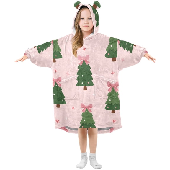 Cartoon Pink Bows on Christmas Tree Top Flannel Wearable Blankets Hooded Design Long Sleeves Wrap Unisex for 3T-14Y S