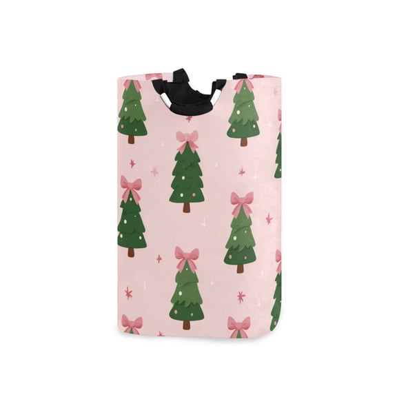 Cartoon Pink Bows on Christmas Tree Top Laundry Basket with Handles Foldable Laundry Hamper Freestanding Washing Bin 50L