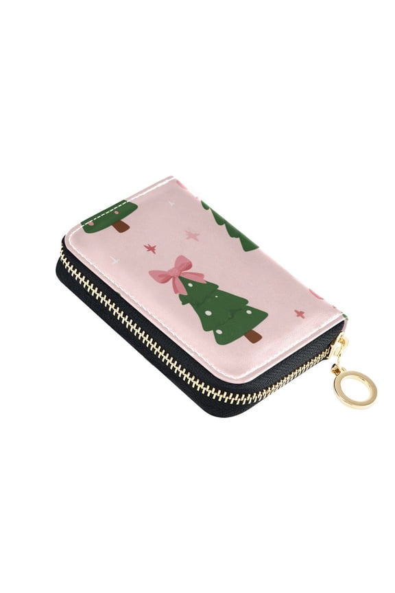 Cartoon Pink Bows on Christmas Tree Top Women's Credit Card Holder PU Leather Zipper Wallet RFID Blocking