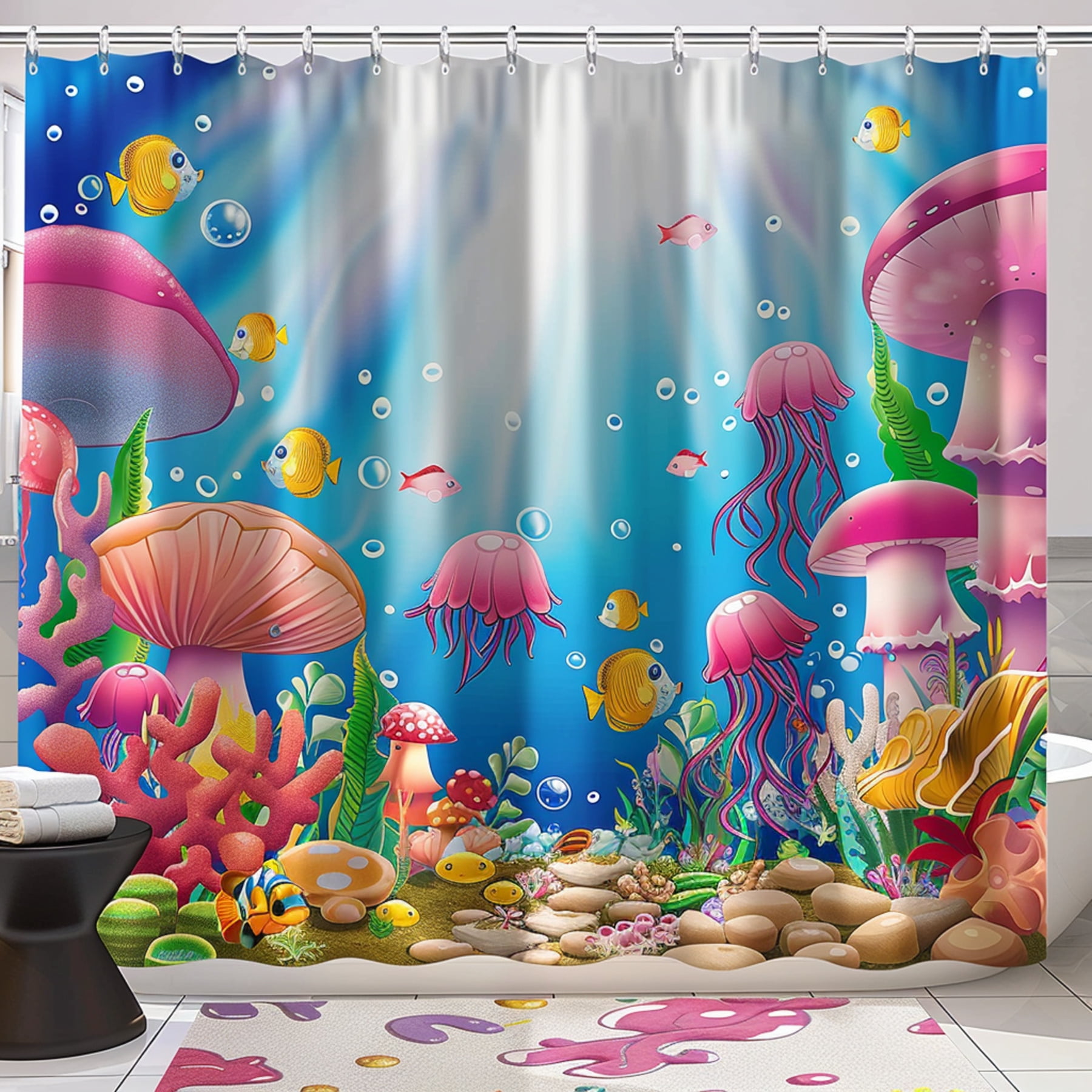 Cartoon Pink Coral Reef Shower Curtain Set Colorful Fish Jellyfish