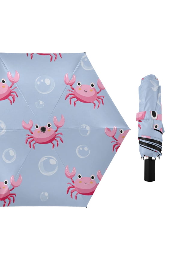 Cartoon Pink Crabs Bubbles All Weather Umbrella Triple Folding Parasol 6 Ribs UV Protection Portable
