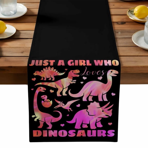 Cartoon Pink Dinosaurs Table Runner, Just A Girl Who Loves Dinosaurs Washable Kitchen Table Runners Dress Scarves for Dining Table Decorations Party, 13x36in