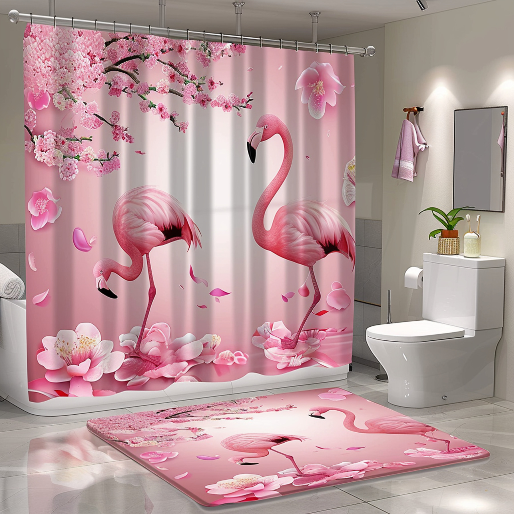 Cartoon Pink Flamingo Bathroom Set with Cherry Blossom Print Chinese