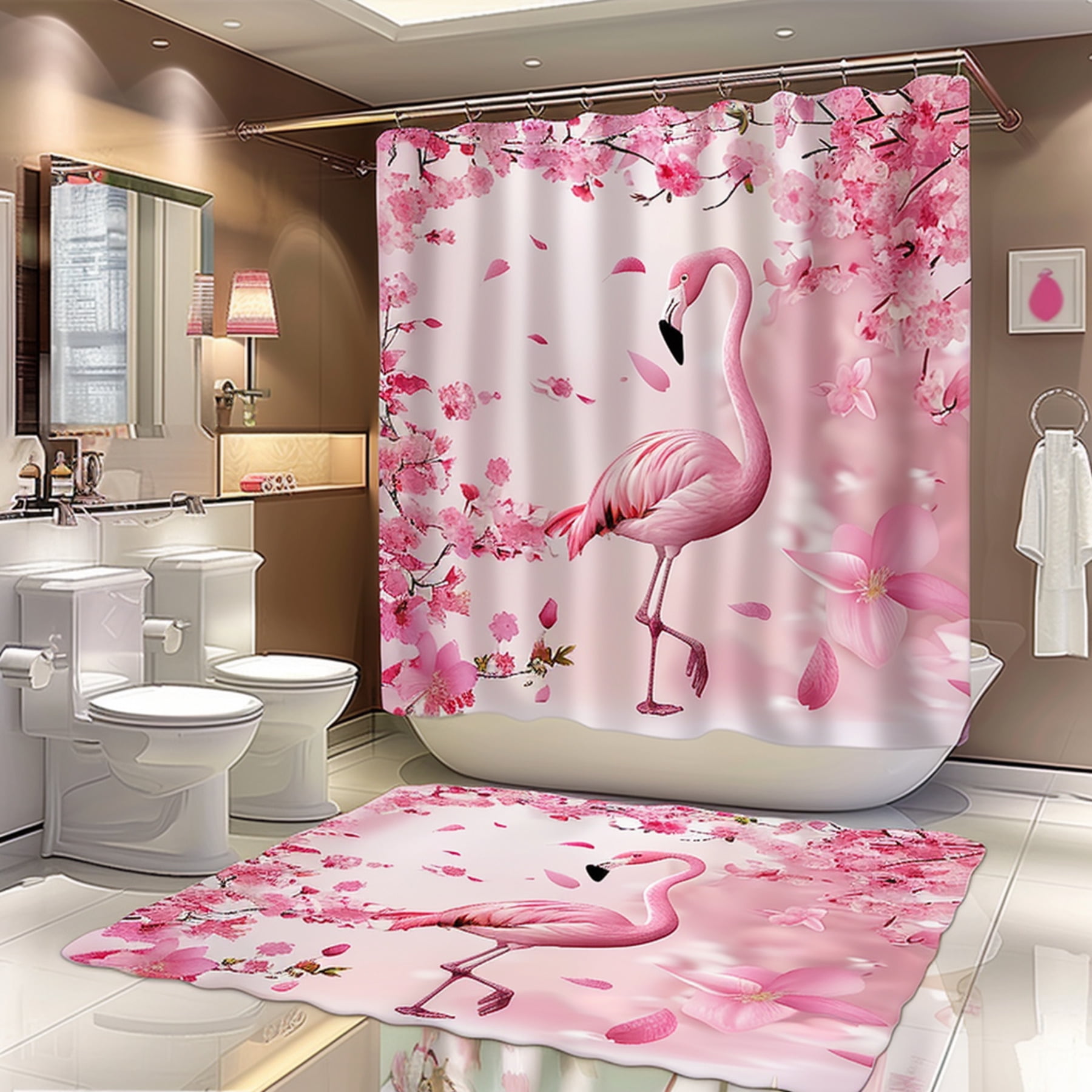 Cartoon Pink Flamingo Bathroom Set with Cherry Blossom Print Chinese