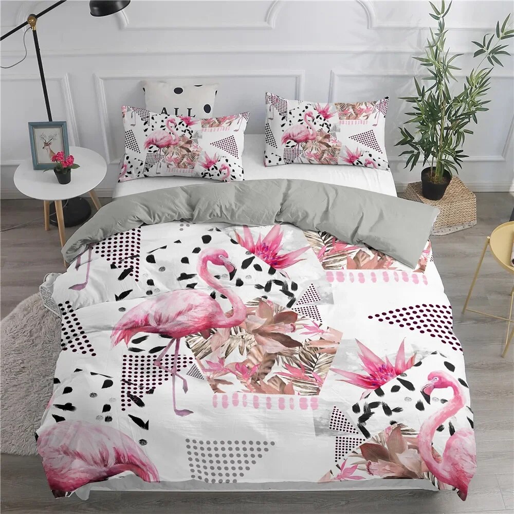 Cartoon Pink Flamingo Bedding Set Girls Kids Teens Cute Duvet Cover Set
