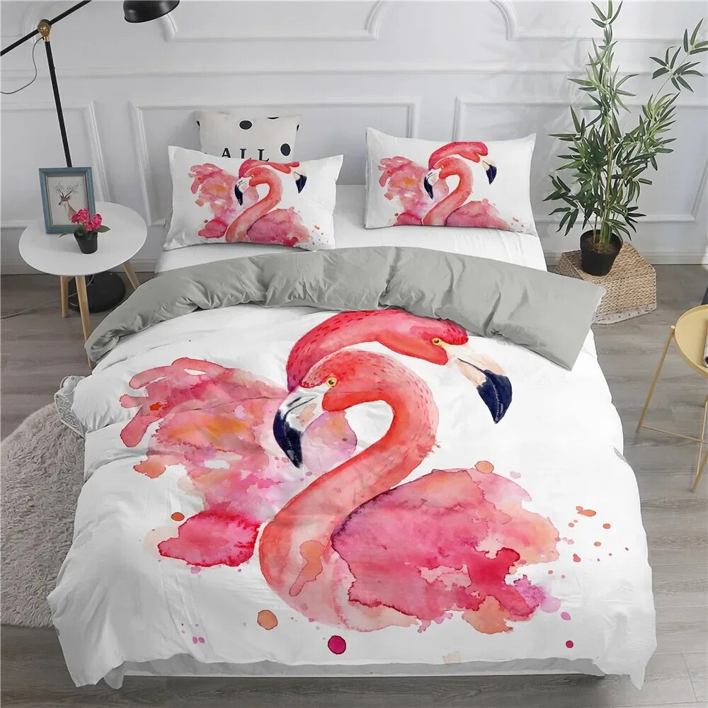 Cartoon Pink Flamingo Bedding Set Girls Kids Teens Cute Duvet Cover Set