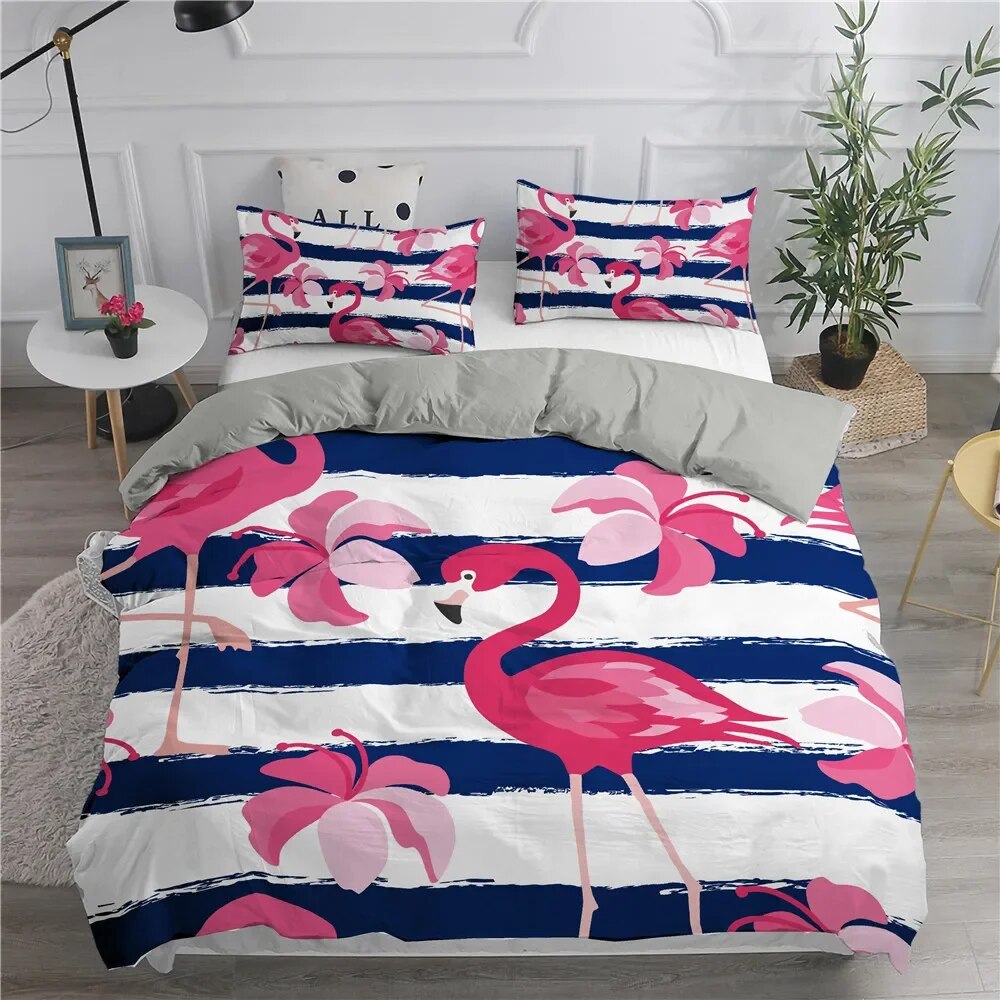 Cartoon Pink Flamingo Bedding Set Girls Kids Teens Cute Duvet Cover Set