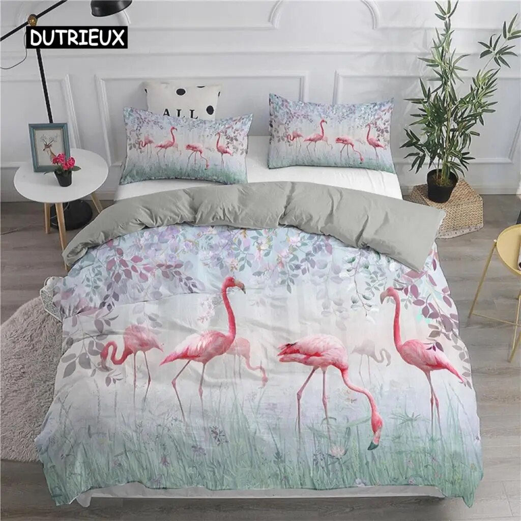 Cartoon Pink Flamingo Bedding Set Girls Kids Tes Cute Duvet Cover Set