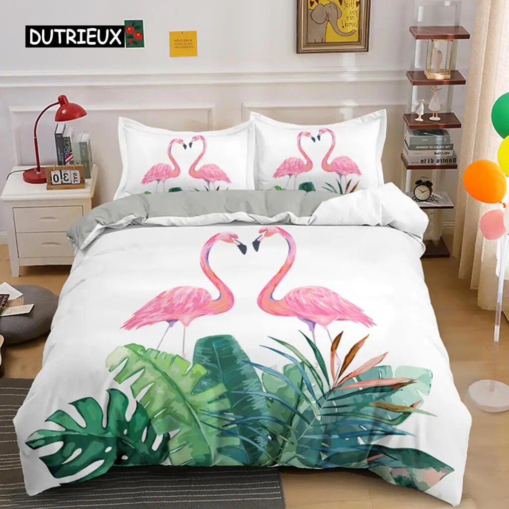 Cartoon Pink Flamingo Bedding Set Girls Kids Tes Cute Duvet Cover Set