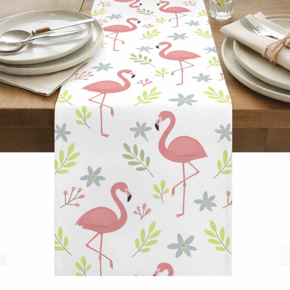 Cartoon Pink Flamingo Cotton Linen Table Runner Animal Boho Tropical Floral Summer Dining Table Runners for Home Decor Party Dining Room Restaurant Kitchen Party 13" x 108"