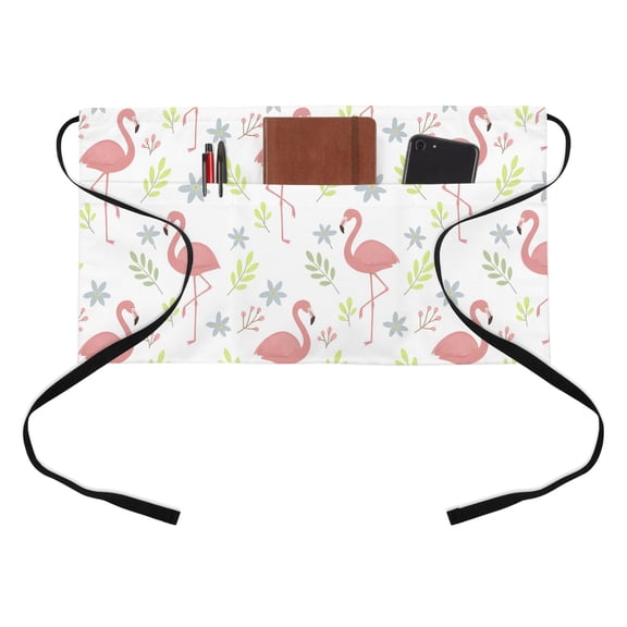 Cartoon Pink Flamingo Kitchen Restaurant Half Waist Apron, Animal Boho Tropical Floral Summer Server Short Apron with 3 Pockets Waterproof Oil Waist Aprons for Women Waitress Waiter