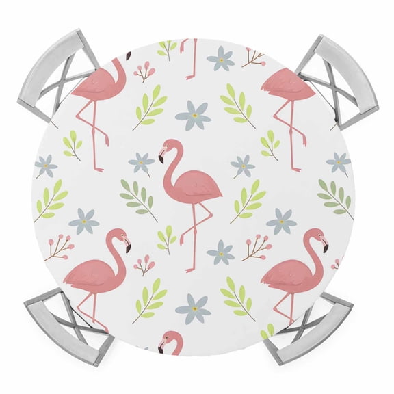 Cartoon Pink Flamingo Round Table Cover, Animal Boho Tropical Floral Summer Waterproof Fitted Tablecloths for 36"-44" Tables, Washable Picnic Table Cover for Camping Dining Indoor Outdoor