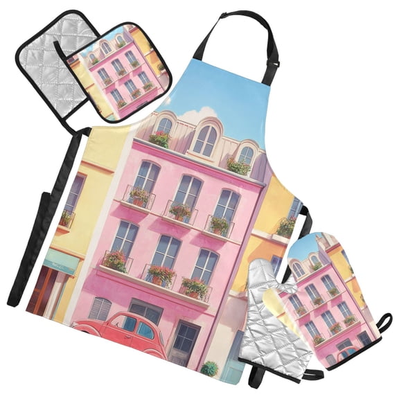 Cartoon Pink House Oven Mitts and Pot Holders with Chef Apron Set 5 Pcs Kitchen Cooking Set