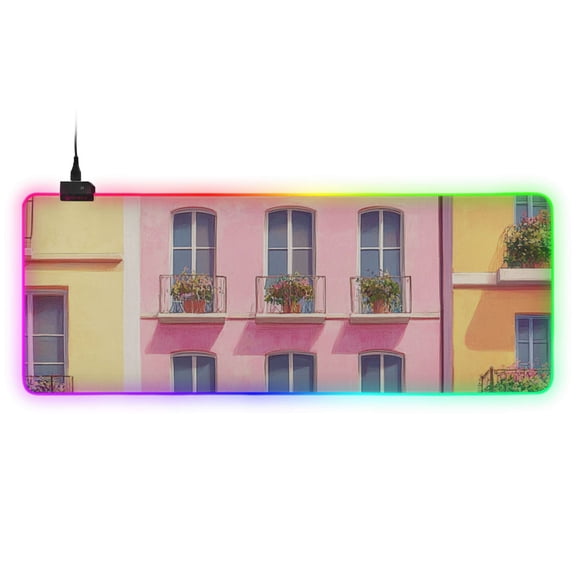 Cartoon Pink House RGB Gaming Mouse Pad Large Keyboard Mat Rubber Base 13 Light Modes