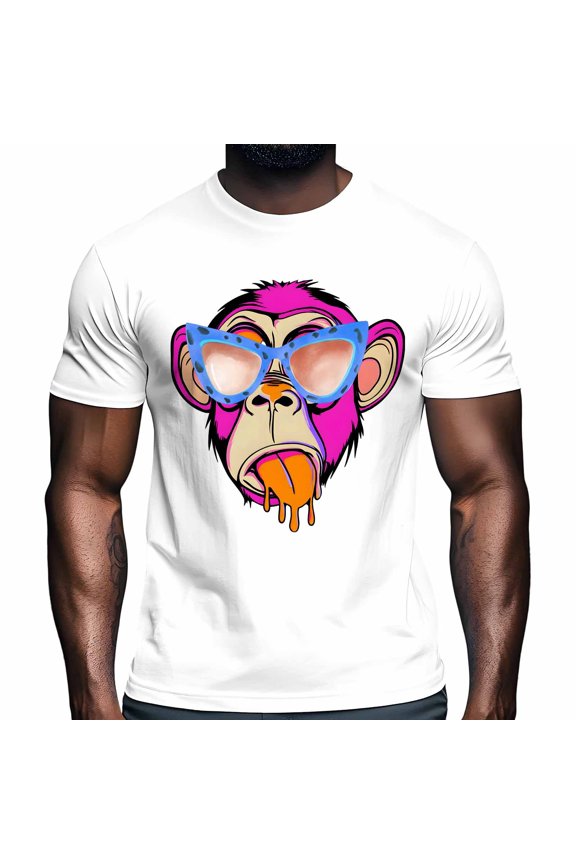 Cartoon Pink Monkey Men's T Shirts Cute Monkey with Glasses T-Shirt for Men Crew Neck Tees Cotton Tops White, 2XL