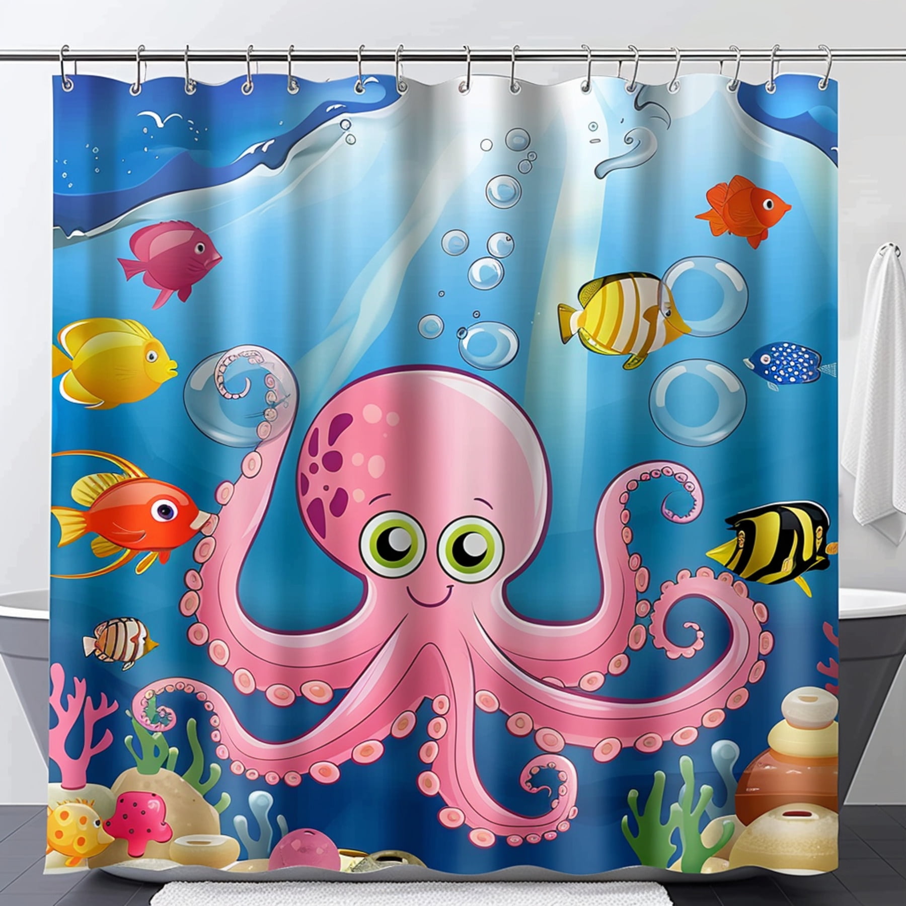 Cartoon Pink Octopus Underwater Scene Shower Curtain Cute Fish Ocean