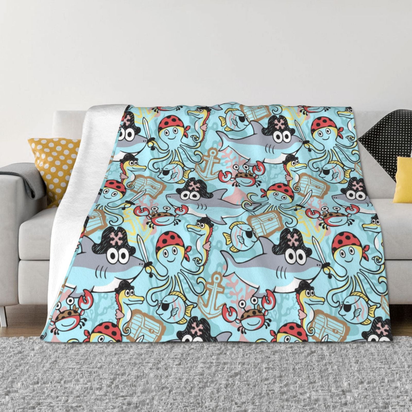 Cartoon Pirate Throw Blanket for Couch, Soft Comfy Warm Plush Throw