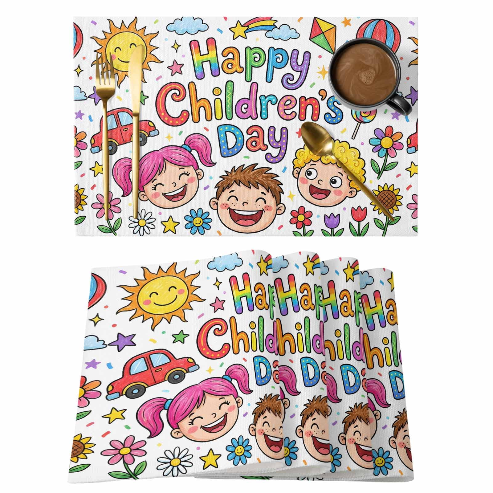 Cartoon Placemats Set of 8, Watercolor Hot Air Balloon Funny Face ...