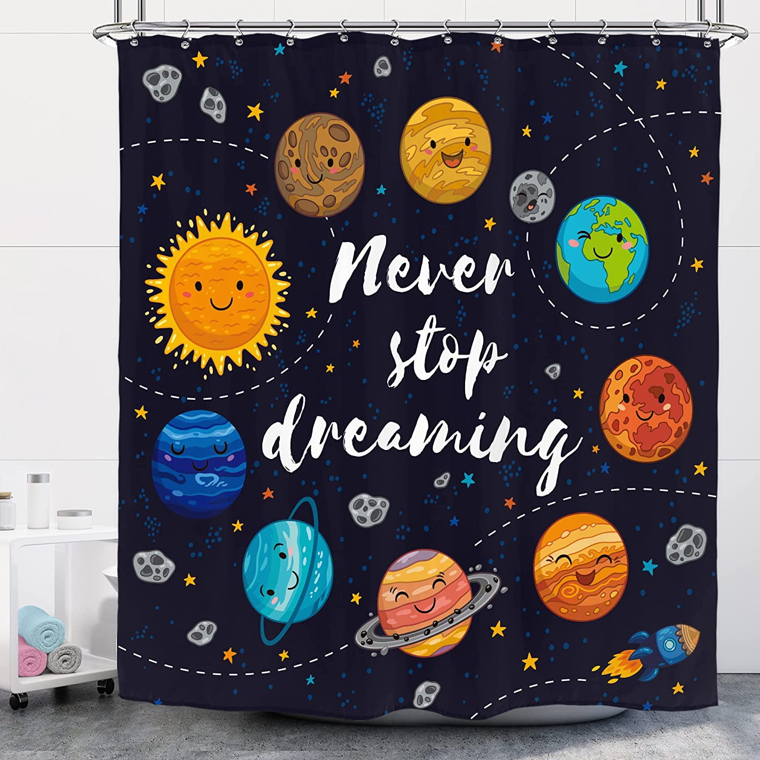 Cartoon Cute Shower Curtain 72Wx72H Inch Kids Star Cluster Space