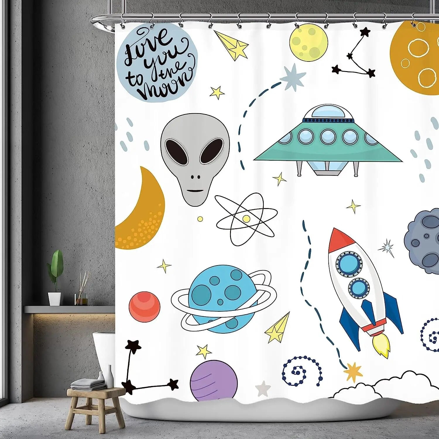 Cartoon Planet Shower Curtain Cute Shower Curtain Galactic Space Kids ...