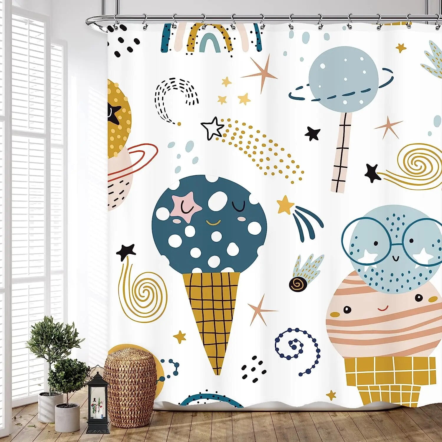 Cartoon Planet Shower Curtain Cute Shower Curtain Galactic Space Kids ...