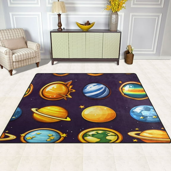 Cartoon Planets Pattern 63''x48'' Plush Memory Foam Bath Mat, Soft, Absorbent, Non Slip, Durable