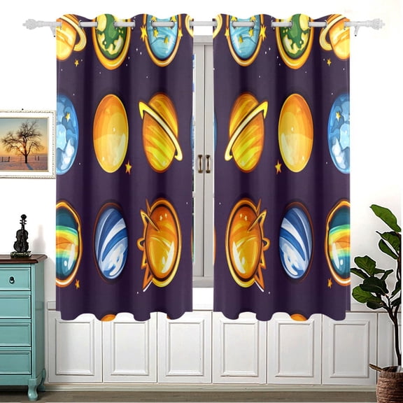 Cartoon Planets Pattern 63x55in Window Curtain Panels 63x55in 2-Piece Heavy Duty 80% Light Blocking