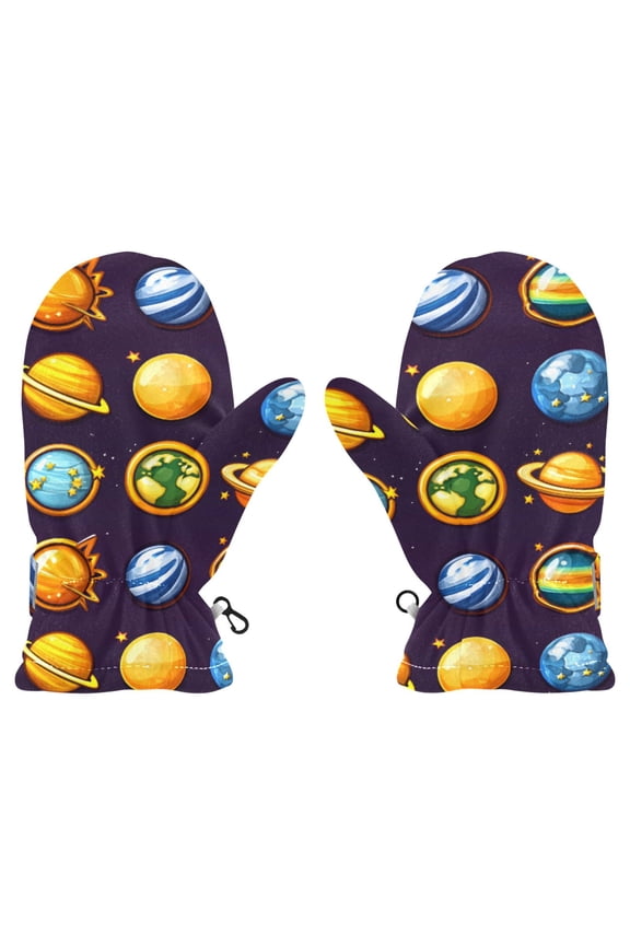 Cartoon Planets Pattern Cold Weather Mittens Cozy Gloves with Adjustable Fit Perfect for Outdoor Fun