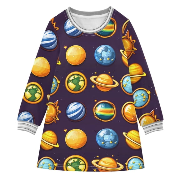 Cartoon Planets Pattern Girls'long-sleeved dress Thickened A-dress Warm Dress Basic Shirt Party Dresses