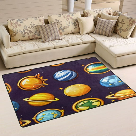 Cartoon Planets Pattern Soft Polyester Area Rug 60''x39'', Non Slip, Memory Foam, Water Absorbent