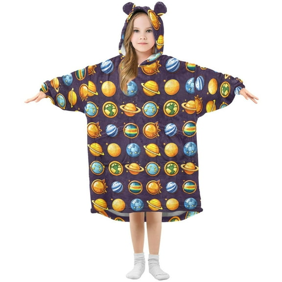 Cartoon Planets Pattern ﻿Wearable Blankets Hoodie Oversize Sherpa Wearable Soft Blanket Warm Cozy 3-14 Age