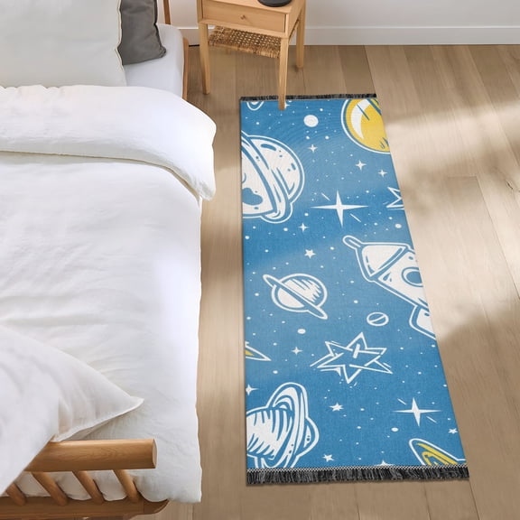 Cartoon Planets Stars Spaceships Bedside Runner Rug 2'x 6' Non Slip Carpet Floor Mat Area Rug