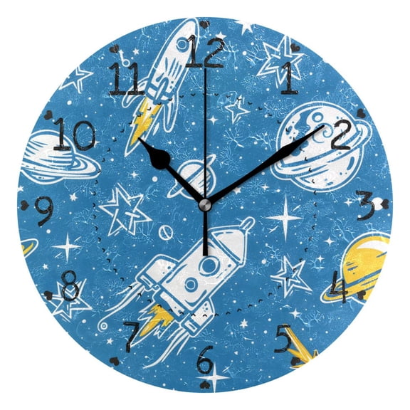 Cartoon Planets Stars Spaceships Round Wall Clock Silent Analog Battery Operated Black Pointer Home Decor 9.84" Diameter