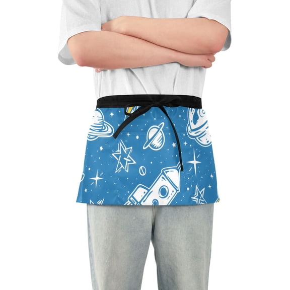 Cartoon Planets Stars Spaceships Short Server Apron with 3 Pockets for Unisex Chef Gardening