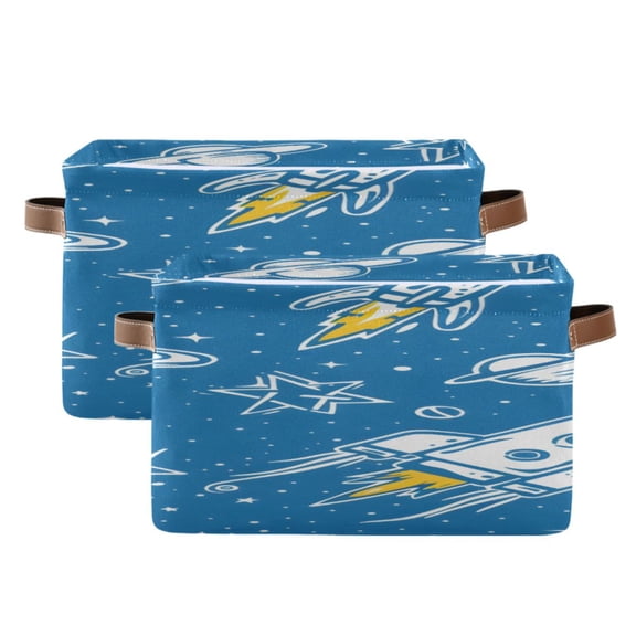 Cartoon Planets Stars Spaceships Square Storage Bins with Handles Collapsible Containing Box 2 Packs