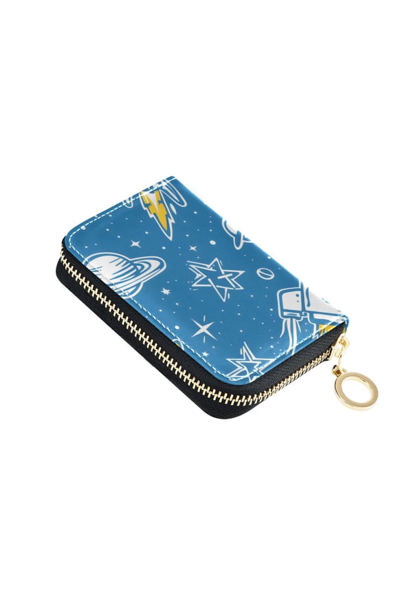 Cartoon Planets Stars Spaceships Women's Credit Card Holder PU Leather Zipper Wallet RFID Blocking