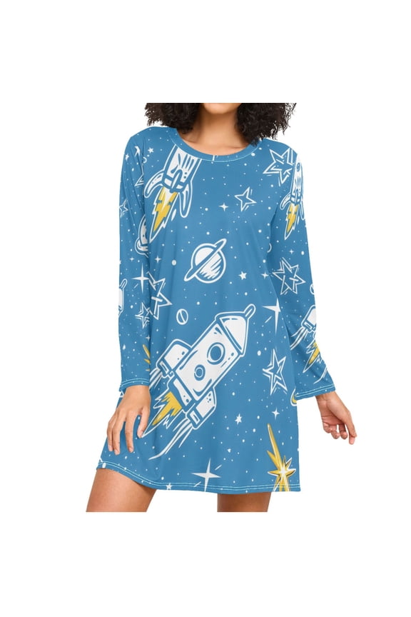 Cartoon Planets Stars Spaceships Women's Long Sleeves Nightgowns Sleepwear Soft Pajama A-line Sleep Dress S