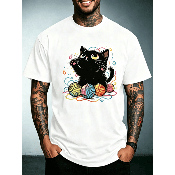 Cartoon Playful Black Kitten T-Shirt, Vibrant Rainbow Yarn Balls Cute Cat Graphic Print Casual Short Sleeve Top, Unisex Soft Tee for Pet Cat Fans Birthday Gift