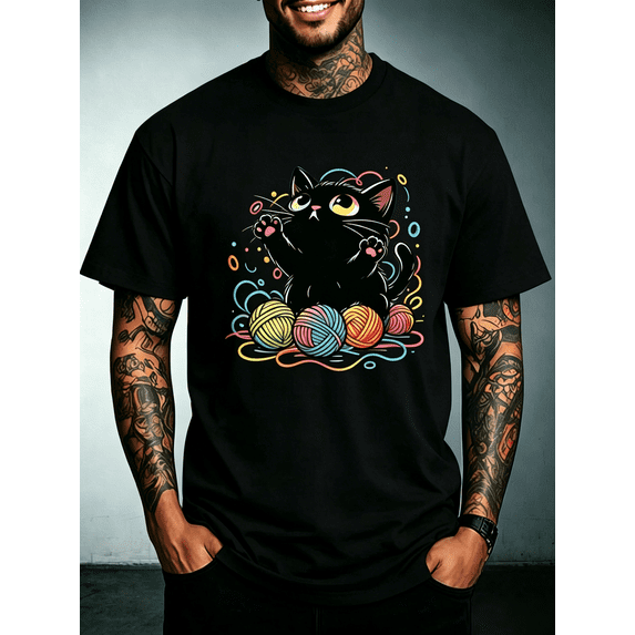 Cartoon Playful Black Kitten T-Shirt, Vibrant Rainbow Yarn Balls Cute Cat Graphic Print Casual Short Sleeve Top, Unisex Soft Tee for Pet Cat Fans Birthday Gift
