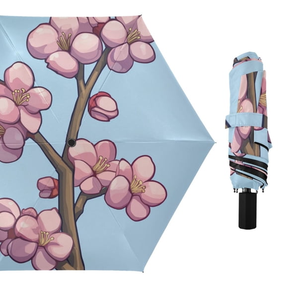 Cartoon Plum Blossom All Weather Umbrella Triple Folding Parasol 6 Ribs UV Protection Portable