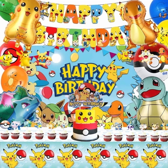 Cartoon Party Decorations, Pokmon Birthday Party Supplies, Include Happy Birthday Banner, Backdrop, Tablecloth, Balloons, Cake Toppers, Hanging Swirls, for Kids Party