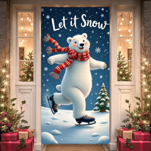 Cartoon Polar Bear Winter Banner Snowflakes Ice Skating Holiday Let it Snow for Winter Party Christmas Event Seasonal Decoration