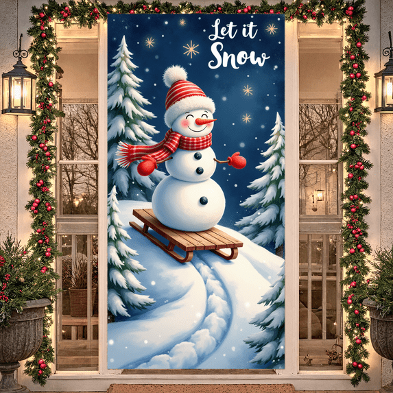 Cartoon Polar Bear Winter Banner Snowflakes Ice Skating Holiday Let it Snow for Winter Party Christmas Event Seasonal Decoration