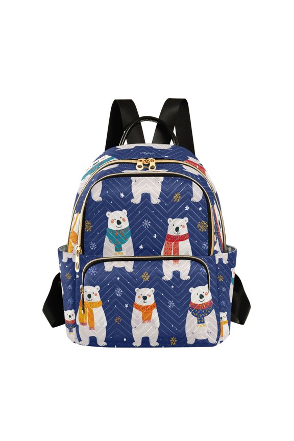 Cartoon Polar Bears with Christmas Scarves Quilted Backpack Fashion Daypack Commuter Bag for Women 8.5 L