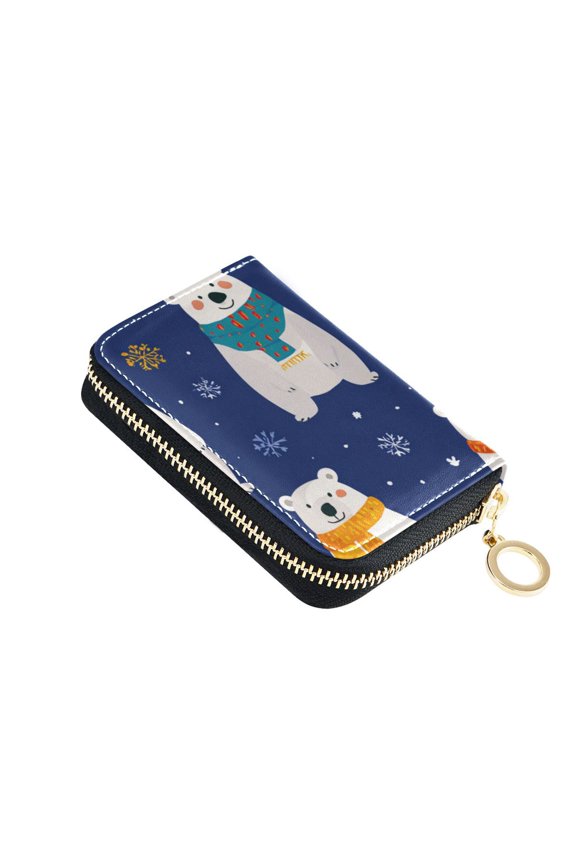 Cartoon Polar Bears with Christmas Scarves Women's Credit Card Holder PU Leather Zipper Wallet RFID Blocking