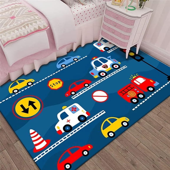 Cartoon Police Car Rugs Indoor Non Slip Blue Print Area Rug so Machine Washable Front Porch Kitchen Entryway Doormats 2x3 Carpet Non-slip Soft Living Room Bedroom Home Decor
