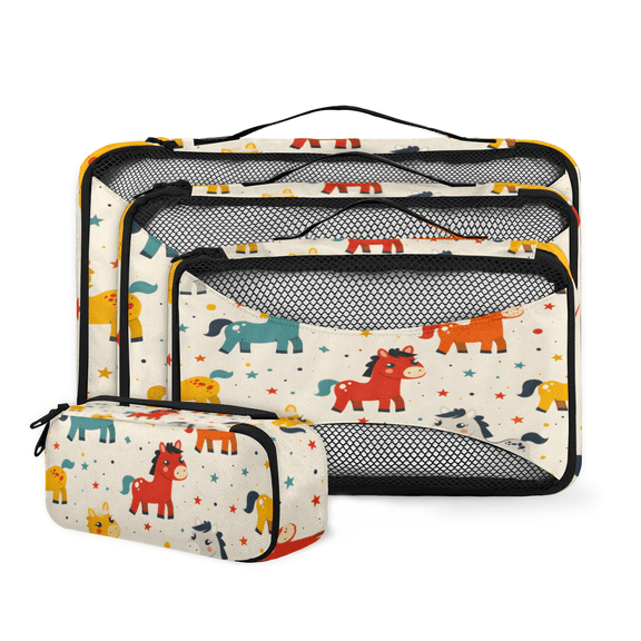 Cartoon Pony Packing Cubes Set of 4, Mesh Travel Packing Organizers, Luggage Organizer Bags with Double Zipper